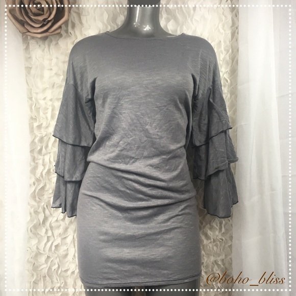 LUCCA COUTURE | Gray Tiered Long Sleeve Stretch Tunic Dress NEW - Picture 2 of 6